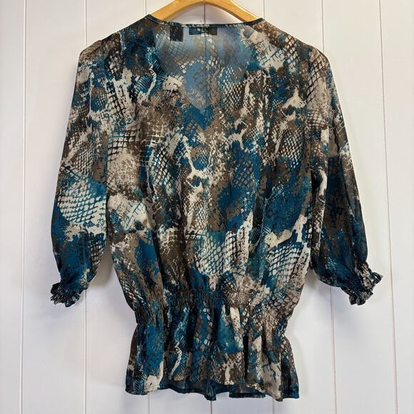 Vintage Valerie Stevens Womens Boho Animal Print Peasant Top Size M Brown Teal - Picture 2 of 9